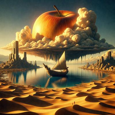 The primary subject of the image is a large apple floating in the sky above a boat. The setting is a desert landscape, with a body of water visible below the apple. The visual style is a combination of digital art and illustration, creating a surreal and whimsical atmosphere. The dominant colors are shades of brown and orange, which are typical of the desert environment.
